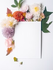 Vertical top view blank card with flowers Abstract organic flowers Blooming floral on white background for invitation card