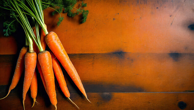top view of an orange tabletop on which juicy orange carrots lie on the left side of the picture