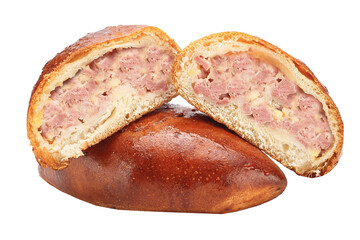 homemade food pastries, bun pie, filled with ham and cheese, baked goods on a white isolated background