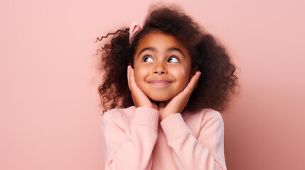 a little girl happy and smiling looking amazed, image on a pink background