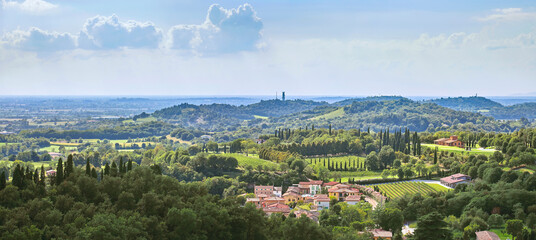Beautiful panorama of the landscape around Solferino and Lake Garda from the La Rocca castle tower. Lombardy, Italy. Where the famous battle of Solferino took place in 1859.