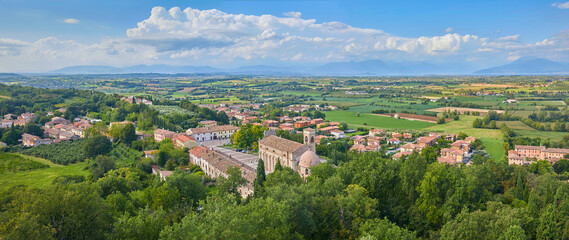 Fototapeta na wymiar Beautiful panorama of the landscape around Solferino and Lake Garda from the La Rocca castle tower. Lombardy, Italy. Where the famous battle of Solferino took place in 1859.