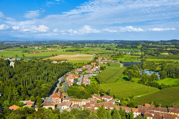 Beautiful panorama of the landscape around Solferino and Lake Garda from the La Rocca castle tower. Lombardy, Italy. Where the famous battle of Solferino took place in 1859.