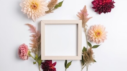 Obraz na płótnie Canvas Mockup of picture frame decorated with spring flowers clean space for text on white background