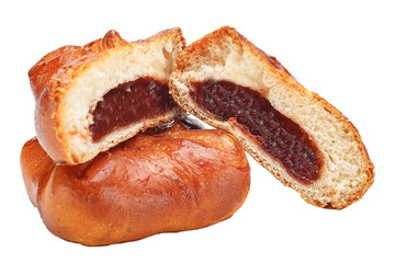 homemade food pastries, bun pie, filled with cherry jam, baked goods on a white isolated background