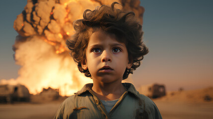 Niño asombrado ante una explosión impresionante. La escena evoca la tristeza y el dramatismo de la guerra, capturando la intensidad y el impacto de la explosión de una bomba nuclear. 