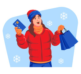 Woman in winter clothes holding shopping bags and credit card