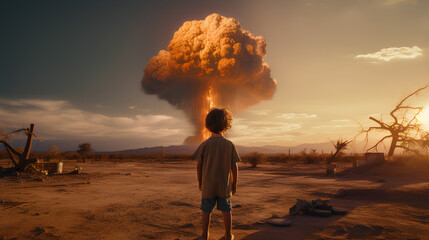 Niño asombrado ante una explosión impresionante. La escena evoca la tristeza y el dramatismo de la guerra, capturando la intensidad y el impacto de la explosión de una bomba nuclear. 