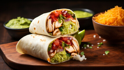 Loaded chicken burrito with fresh salsa and guacamole on the side