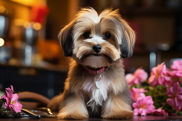 Funny dog sitting at the grooming salon. little smile dog shih tzu. Dog at the Groomer. Grooming