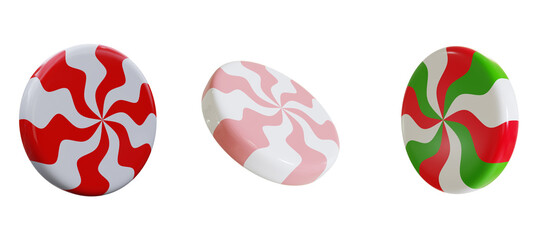 Christmas candy swirl 3d render. Traditional xmas candy with red, green and pink stripes. Santa caramel.