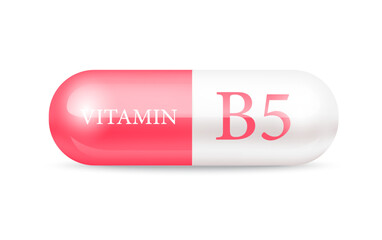 Capsule vitamin B5 (Thiamine) structure pink red, white. 3D Vitamin complex with chemical formula. Drug business concept. Personal care, beauty concept. Vector Illustration. transparent capsule pill.