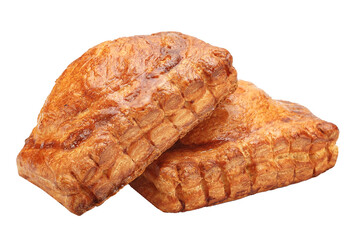 homemade baked goods, rectangular bun pie, puff pastry, bakery products on a white isolated...