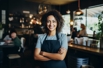 portrait of a smiling girl in a cafe, small business owner - obrazy, fototapety, plakaty