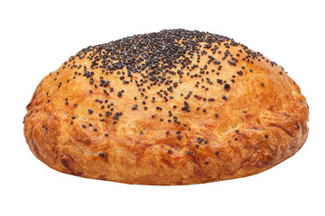 homemade baked goods, bun pie with sesame seeds, bakery products on a white isolated background