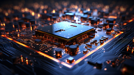 Obraz premium Glowing Computer Circuit Board: A Neon-Lit Microcircuit Background Illustrating Cutting-Edge Technology