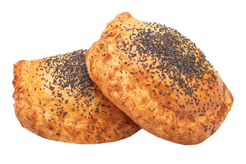 homemade baked goods, bun pie with sesame seeds, bakery products on a white isolated background
