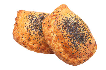 homemade baked goods, bun pie with sesame seeds, bakery products on a white isolated background