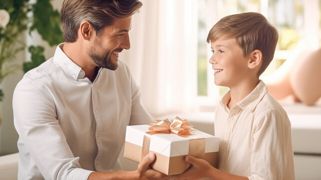 Happy family concept. Little son congratulates handsome dad for father's day! Smiling little boy holds a gift box and looks at father. Happy father's day, Happy birthday card.