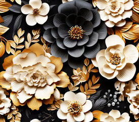 3D Black and Gold Floral Seamless Pattern Background for Wallpaper