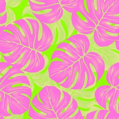 Monstera leaf seamless pattern. Colorful vivid print with beautiful palm jungle leaves. Repeated luxury design for packaging, cosmetic, fashion, textile, wallpaper. Realistic high quality illustration