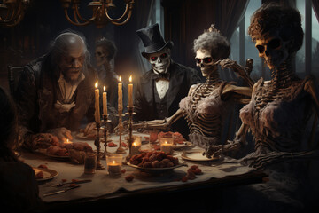 zombies monsters at a fancy dinner party - obrazy, fototapety, plakaty
