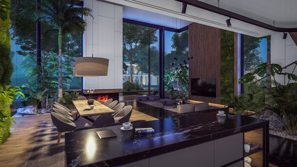 3d rendering of expensive cozy interior with green walls in night