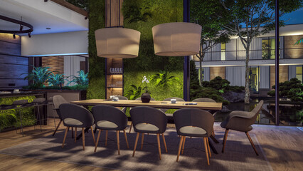 3d rendering of expensive cozy interior with green walls in night