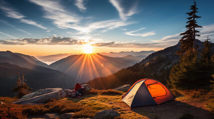 Obraz premium Camping at Sunrise in Breathtaking Mountain Landscape