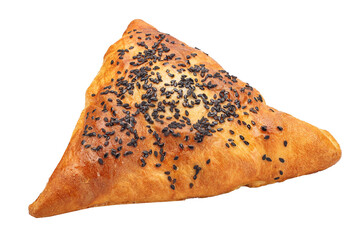 Samsa bread bun with chicken meat, several pieces, isolated background on a white background