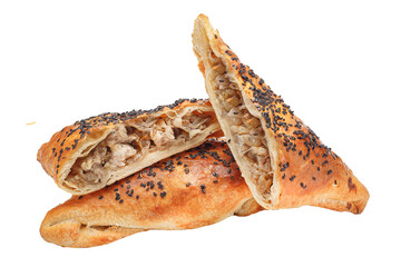 Samsa bread bun with chicken meat, several pieces, isolated background on a white background