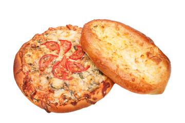 homemade pizza and flatbread with cheese, isolated on white background