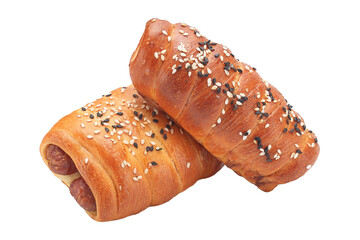several homemade sausage rolls on a white isolated background, homemade food baking