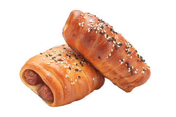 several homemade sausage rolls on a white isolated background, homemade food baking