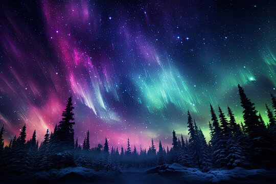 Mystical Aurora Borealis Over Forest Landscape