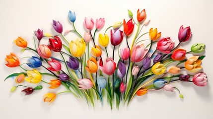a cascading waterfall of vibrant tulips creates a visually stunning and captivating floral art piece on a pure white surface.