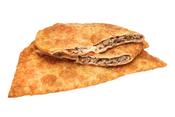pie fried in oil, cheburek with meat, cut isolated background on a white background