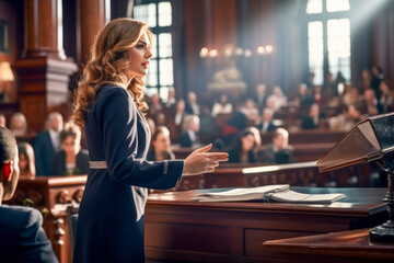 Court of Justice and Law Trial: Successful Female Prosecutor Presenting the Case, Making Passionate Speech to Judge, Jury.