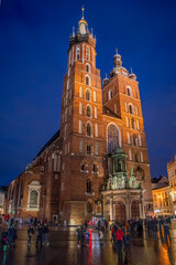 Fototapeta na wymiar Krakow Old Town City Center at night with illuminated lights