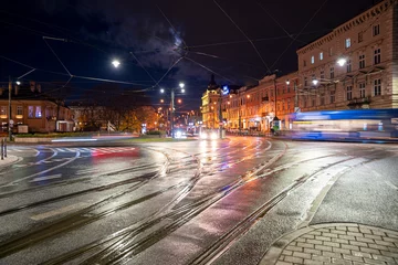 Cercles muraux Cracovie Krakow Old Town City Center at night with illuminated lights