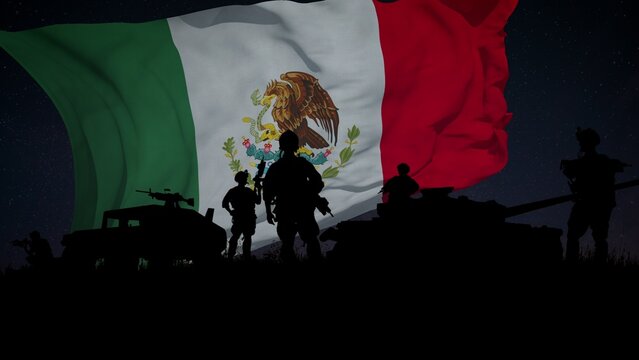 Silhouette of a Group of Soldiers and the Mexico Flag Waving in the Background. The video of this image is in my portfolio. 