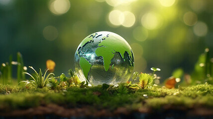 Crystal sphere symbolising the planet earth on a green forest bed. - obrazy, fototapety, plakaty