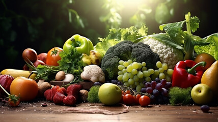 Healthy food background, pile of fruits and vegetables on the table․