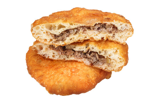 fried belyash with chicken meat, round, isolated background on a white background