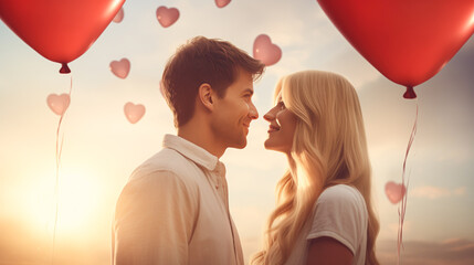 Proposal, big love, meet the soulmate. Lovers celebrating St. Valentine's day. Young caucasian couple in love hugging and smiling red heart-shaped balloons at sunset in the background. Romantic date