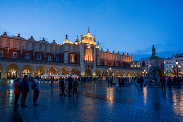 Krakow Old Town City Center at night with illuminated lights