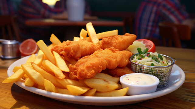 plate of fish and chips served on the table