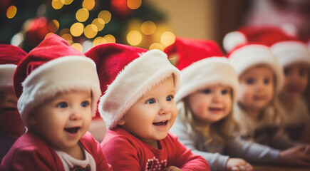Happy kids in Santa hats in kindergarten