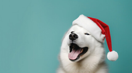 Cute laughing siberian husky with Santa hat on blue background