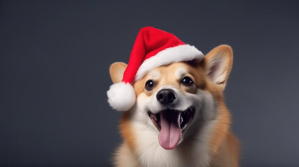 Cute welsh corgi dog wearing red christmas hat on grey background